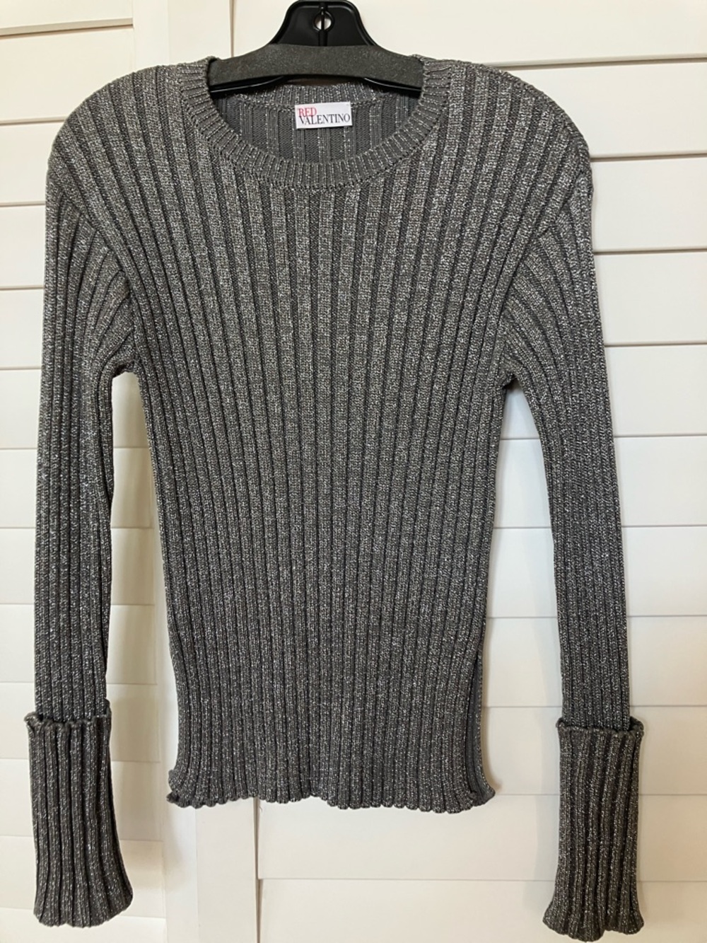 RED Valentino Metallic Gray Ribbed Crewneck Sweater